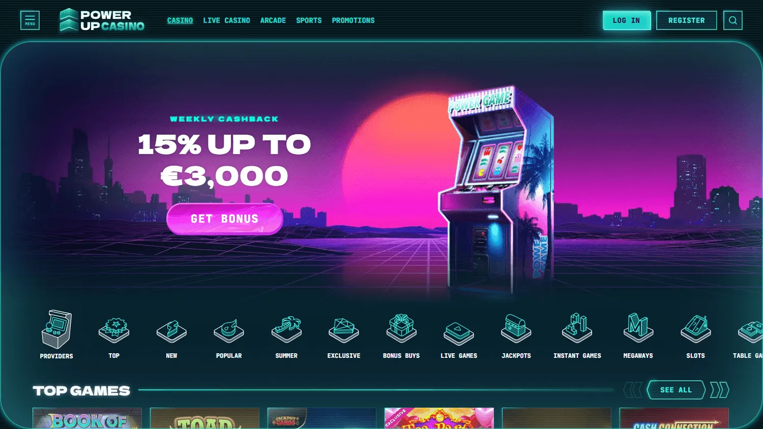 Powerup Casino desktop game lobby with pokies and live casino choices