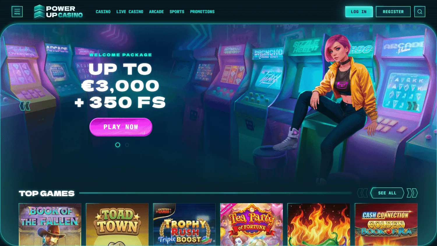 Powerup Casino desktop home with casino offers and account access