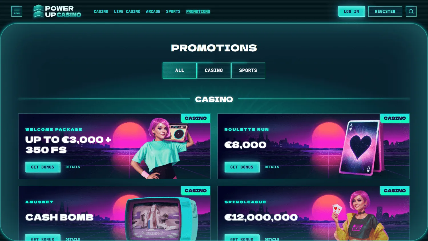 Powerup Casino desktop promotions area with bonus and reward offers