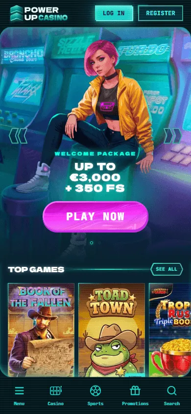 Powerup Casino mobile browser home with casino navigation