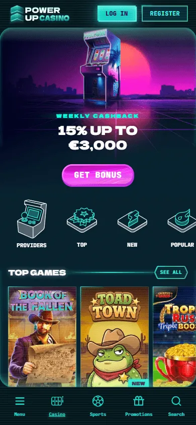 Powerup Casino mobile game lobby with slot filters